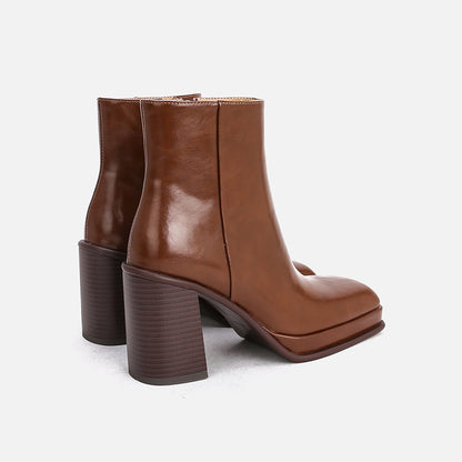 Thick-heeled Ankle Boots Leather Square Toe Thick Sole Waterproof Increased