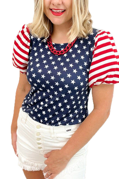 Navy Blue 4th Of July Stars & Striped Print T Shirt