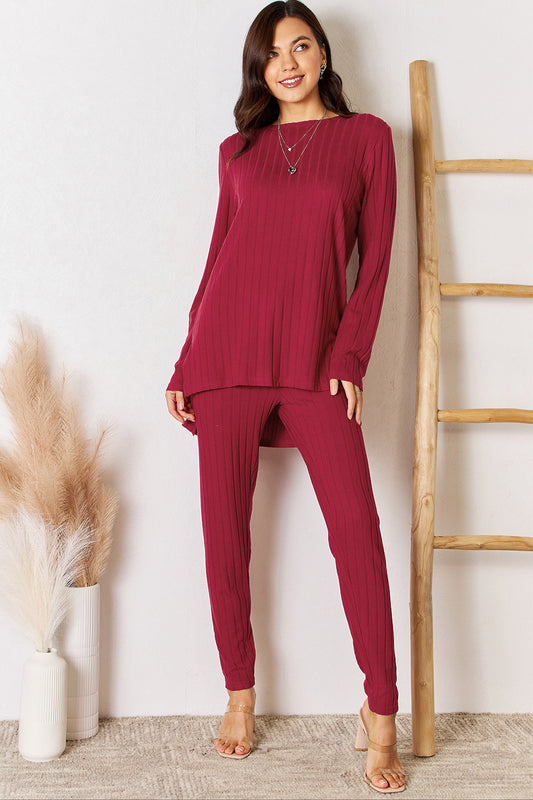 Basic Bae Ensemble haut et pantalon côtelé à col rond et fente haute et basse