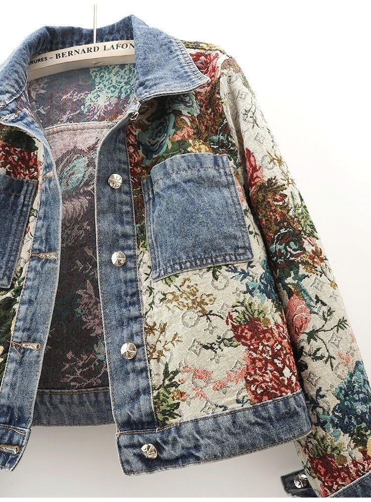 All-match Printed Patchwork Long Sleeves Lapel Denim Coat