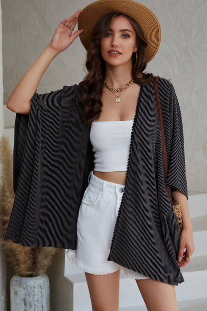 Apricot Lace Trim Ribbed Oversize Kimono