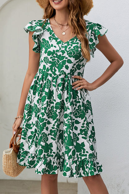 Green Leaf Print V Neck Fluttter Sleeveless Mini Dress