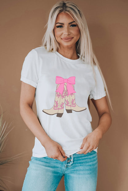 White Casual Boots Bow Graphic Round Neck T Shirt