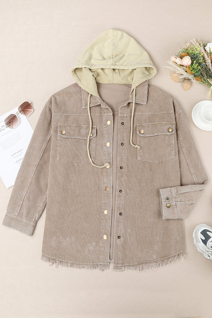 Green Color Block Button Down Hooded Corduroy Jacket