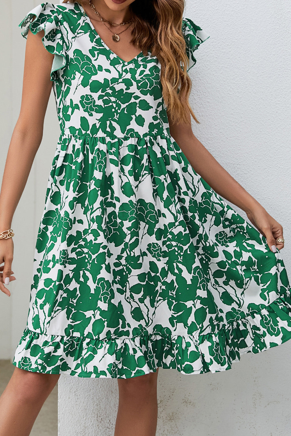 Green Leaf Print V Neck Fluttter Sleeveless Mini Dress