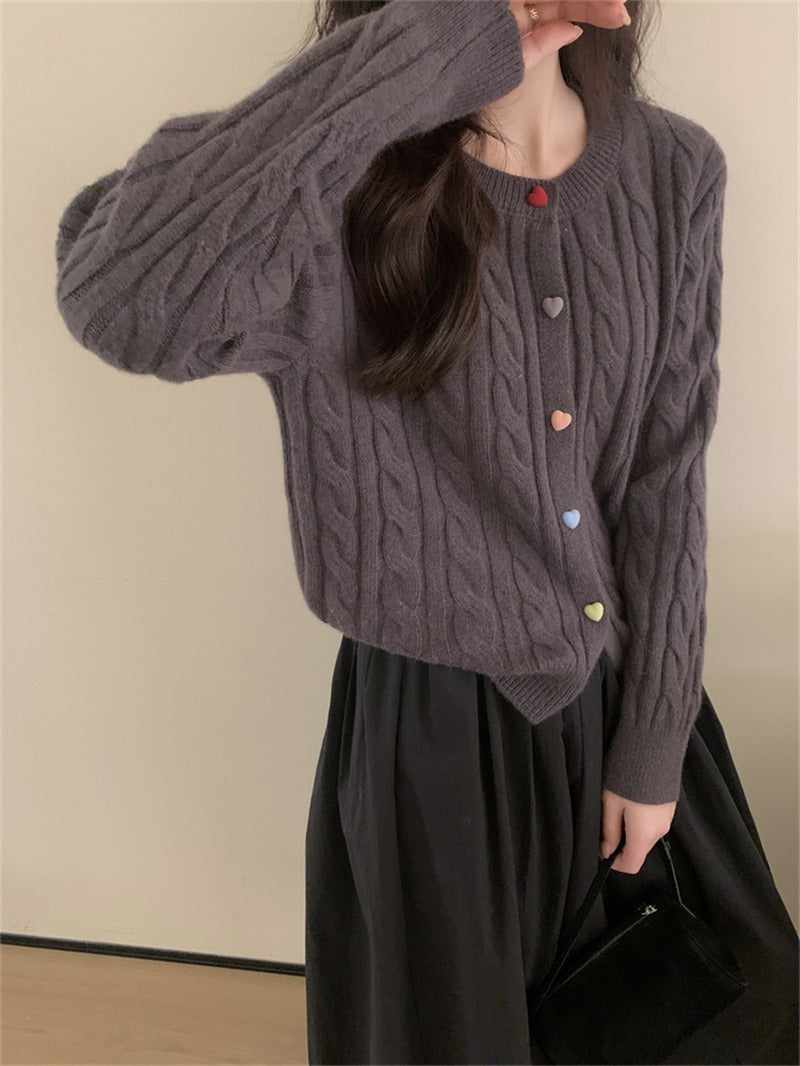 Gentle Color Heart Buckle Cable-knit Sweater Coat For Women