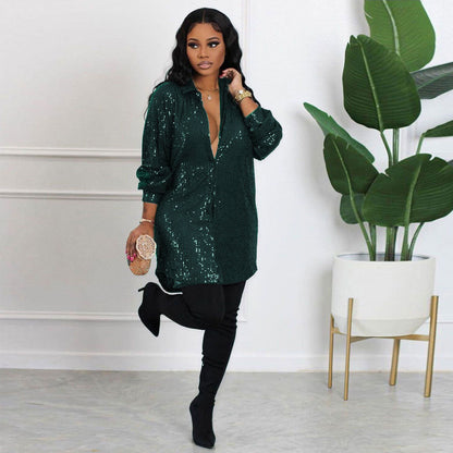 Temperament Commute Sequined Shirt Dress