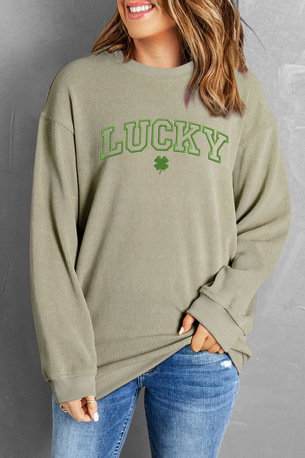 Sudadera con cuello redondo y cordón con gráfico LUCKY Clover en verde