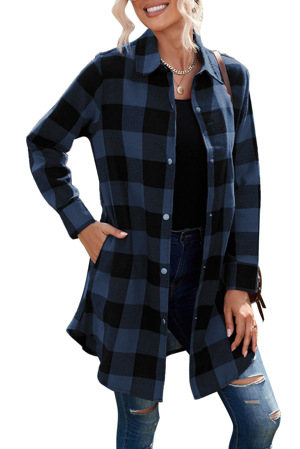 Green Turn-down Collar Plaid Shirt Coat