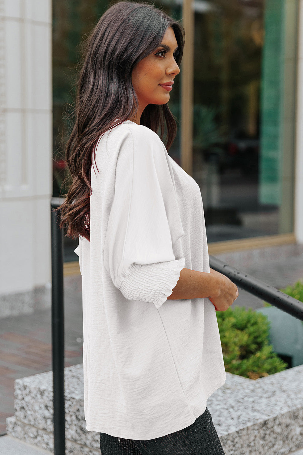 White Plain & Casual Shirred Cuffs Half Sleeve Top