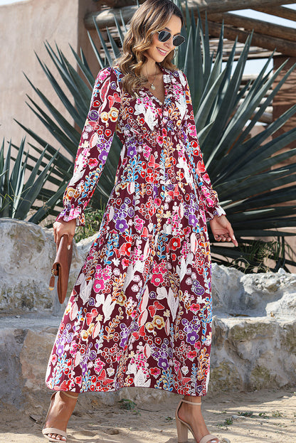 Robe longue violette à imprimé floral et col en V, taille empire