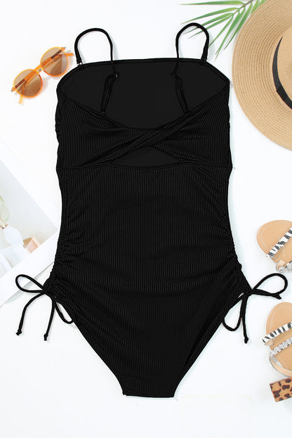 Coffee Side Drawstring Cutout Ribbed One Piece Swimsuit