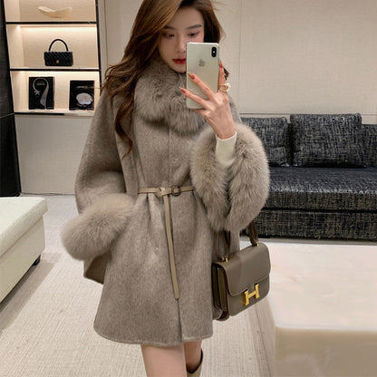 Women's Fashion Double-sided Cashmere Fur Collar Cape And Shawl Coat