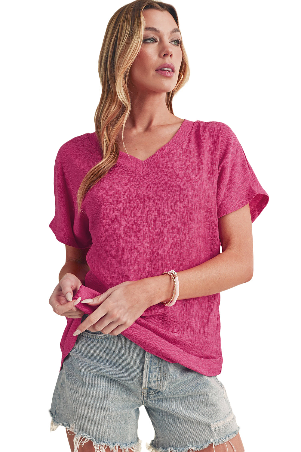 Blue Plain Crinkled V Neck Flounce Sleeve Blouse