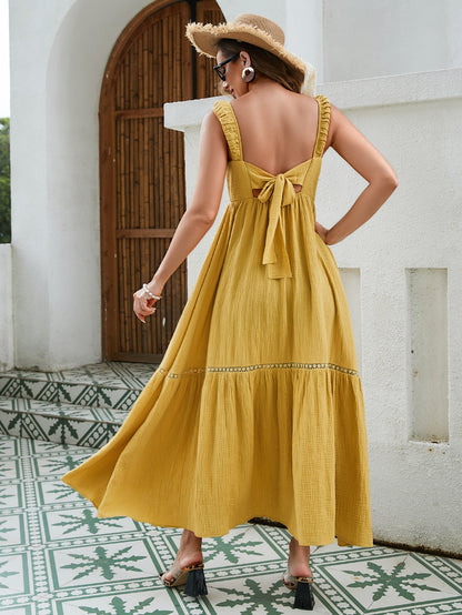 Vestido largo de algodón texturizado para mujer: parte delantera fruncida con elástico, espalda con lazo y dobladillo con ribete de encaje en un elegante color amarillo, verde y blanco