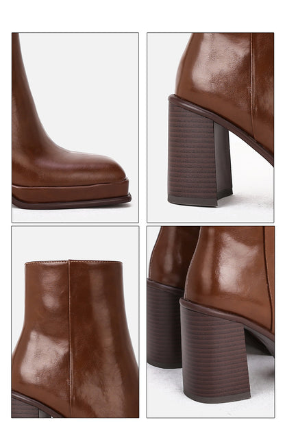 Thick-heeled Ankle Boots Leather Square Toe Thick Sole Waterproof Increased