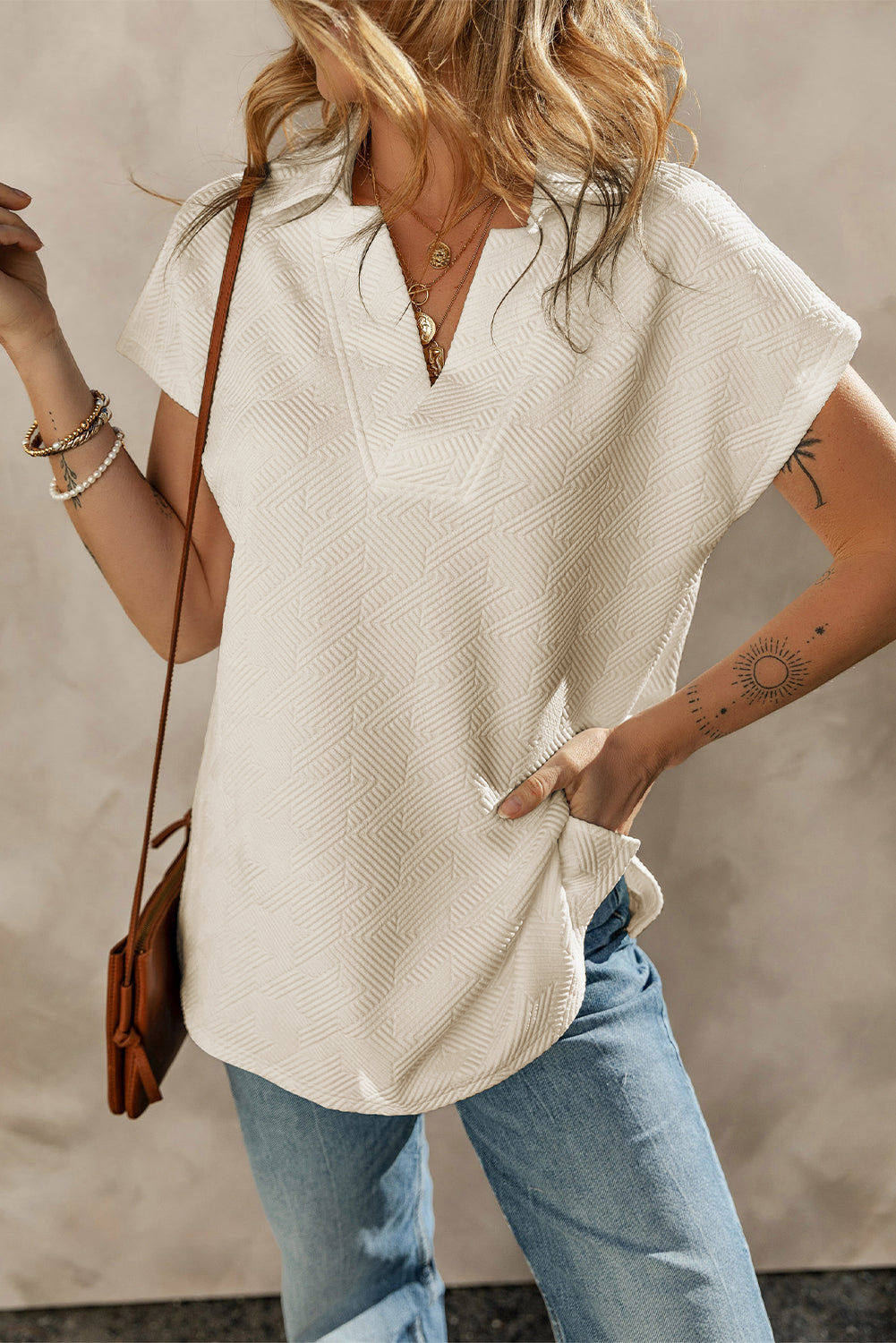 White Textured V Neck Collared Short Sleeve Top