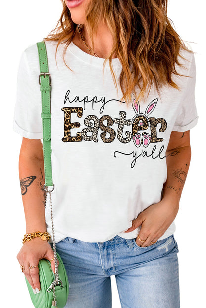 Camiseta con gráfico de conejito de Pascua feliz de leopardo blanco