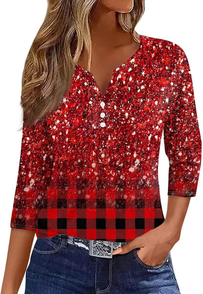 Women's V-neck Three-button 34 Sleeve Solid Color Gradient Floral Top