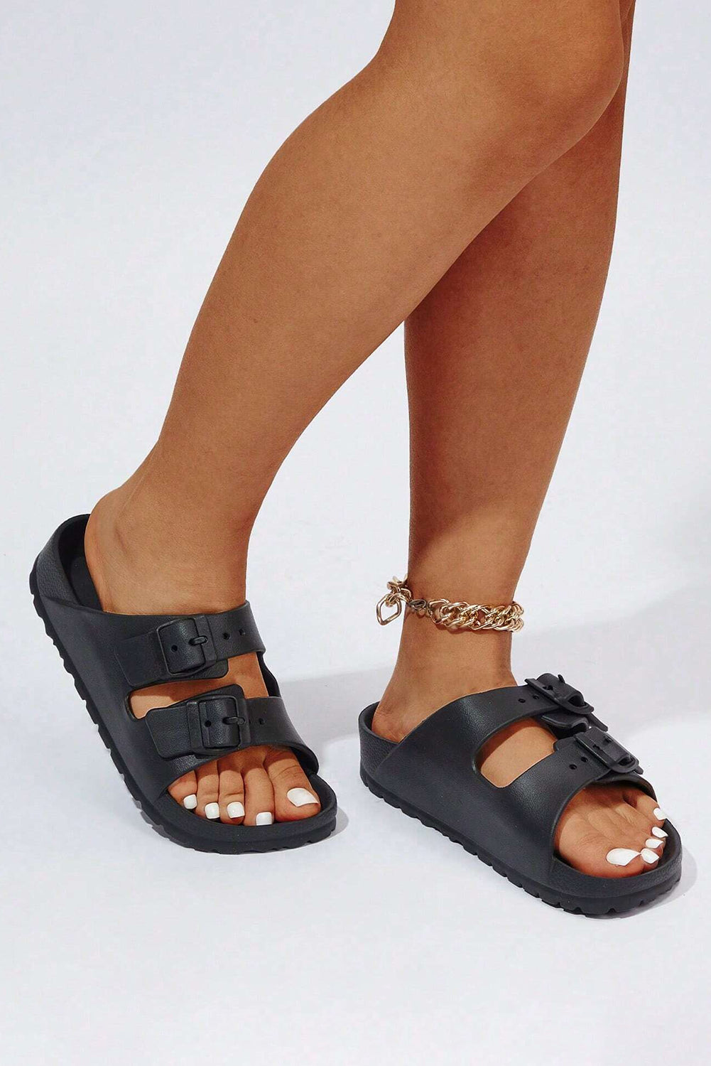 Black Solid Color Buckle Straps Beach Slippers