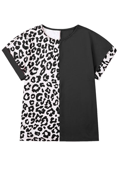 Camiseta casual con estampado de leopardo y manga remangada en bloque de color negra