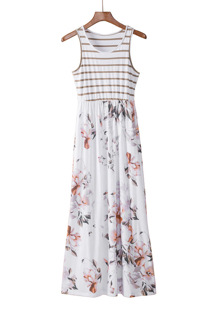 Robe débardeur blanche à rayures bohème et imprimé floral longueur au sol