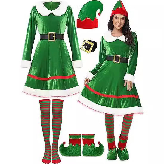 Women's Christmas Elf Clothing Suit Velvet Dress Belt Striped Over The Knee Thigh High Socks