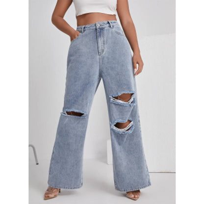 Pantalon droit en denim avec trou taille haute pour femme