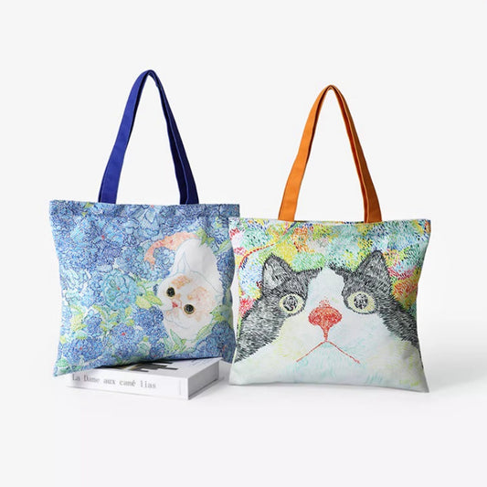 Sac à bandoulière avec illustration de chat, sac en toile de grande capacité