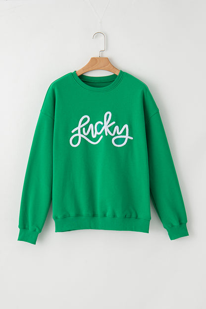 Sudadera verde con bordado de chenilla LUCKY Aphabet