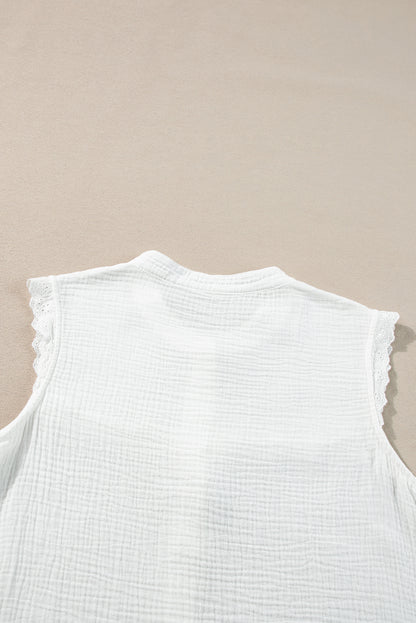 White Lace Trim Crinkle Knot Hem Sleeveless Shirt