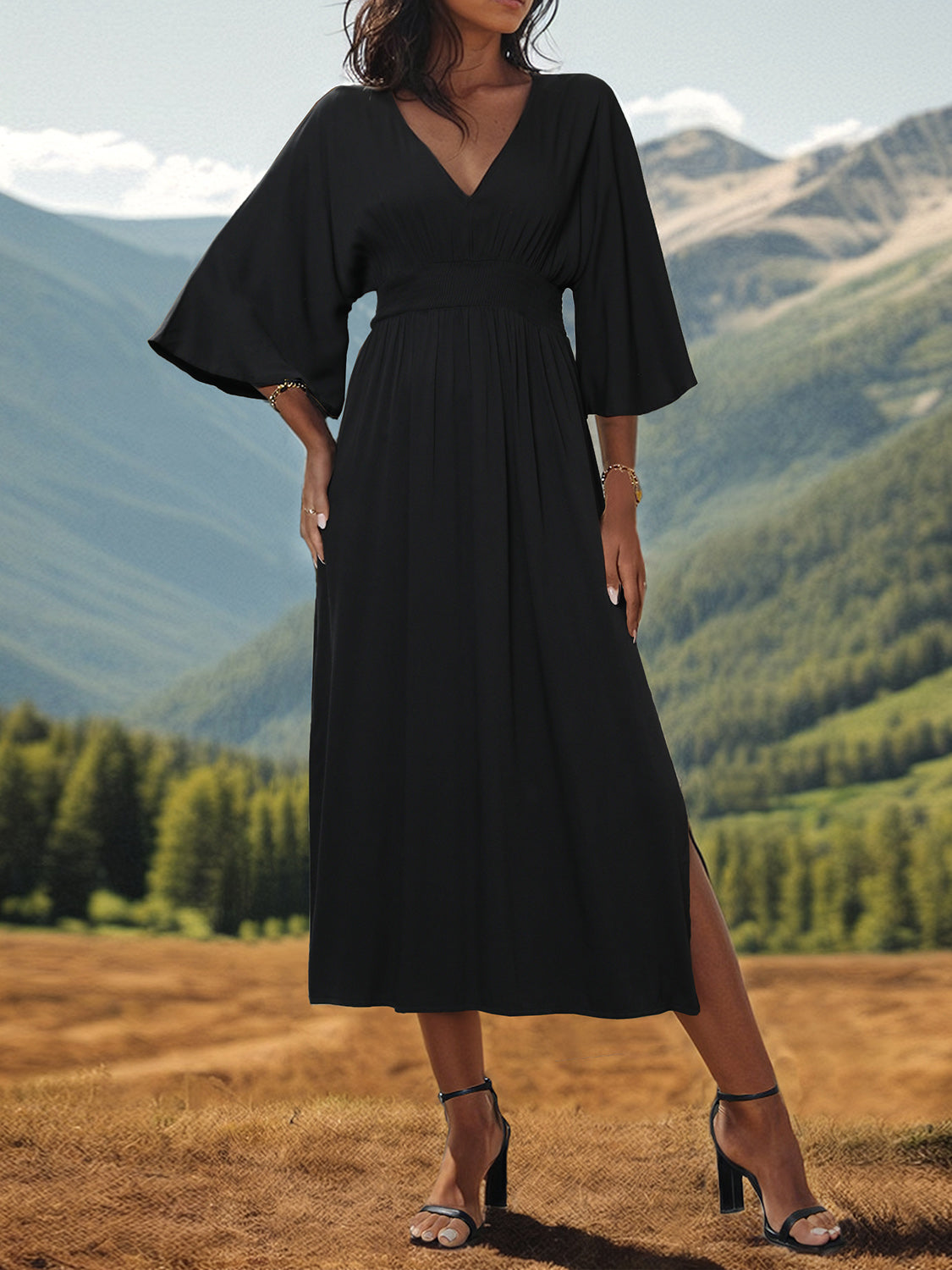 Robe midi fendue à col en V et manches longues