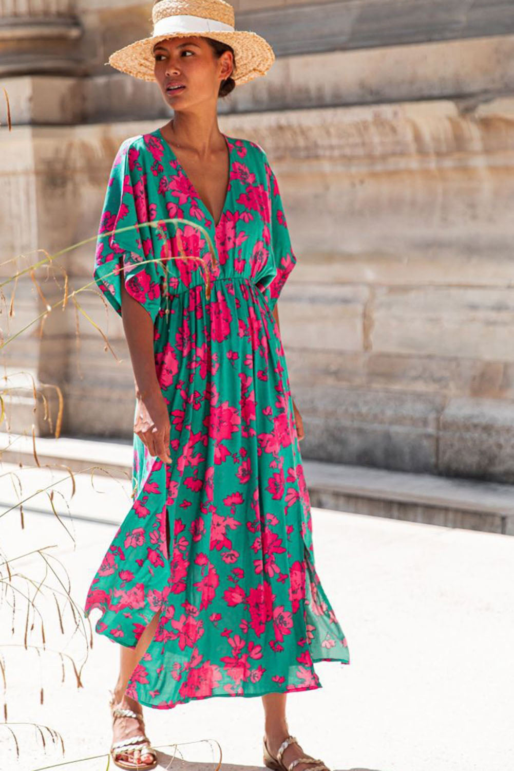 Sea Green Printed V Neck Short Sleeve Split Flared Maxi Dress