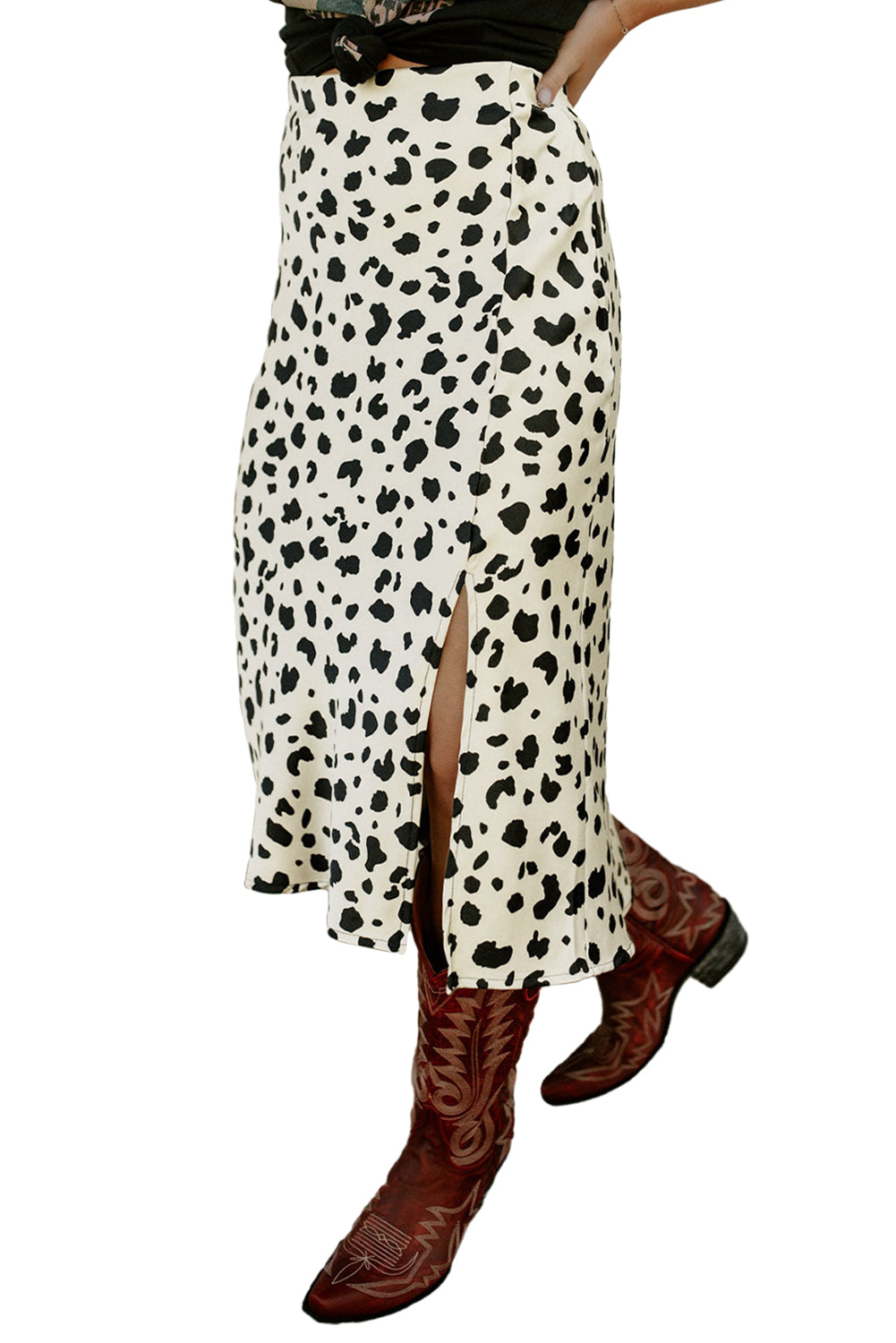 Beige Leopard Spots Print Side Split Midi Skirt