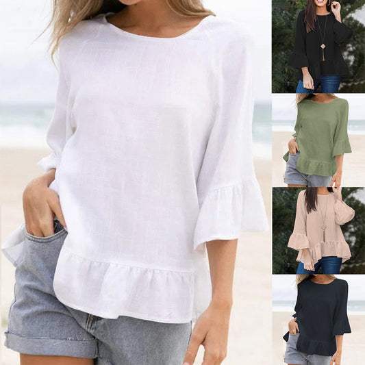 Women's Ruffled Cotton And Linen Style Solid Color T-shirt Casual Beach Blouse