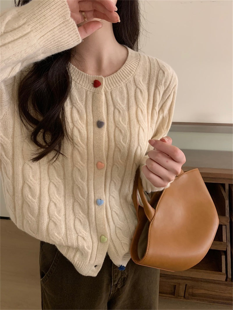 Gentle Color Heart Buckle Cable-knit Sweater Coat For Women