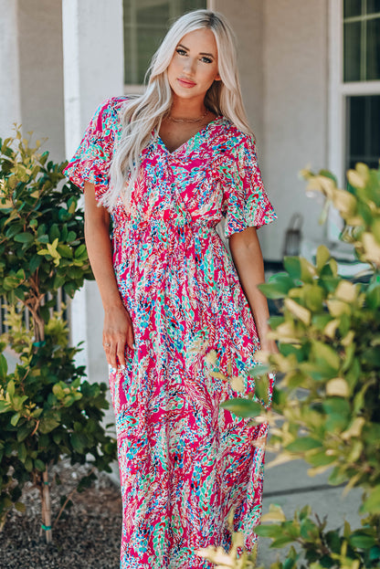 Green Wrap V Neck Floral Maxi Dress