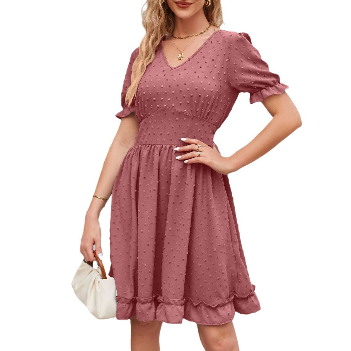 Women's Jacquard V-neck Waist-tight Beach Casual Dress