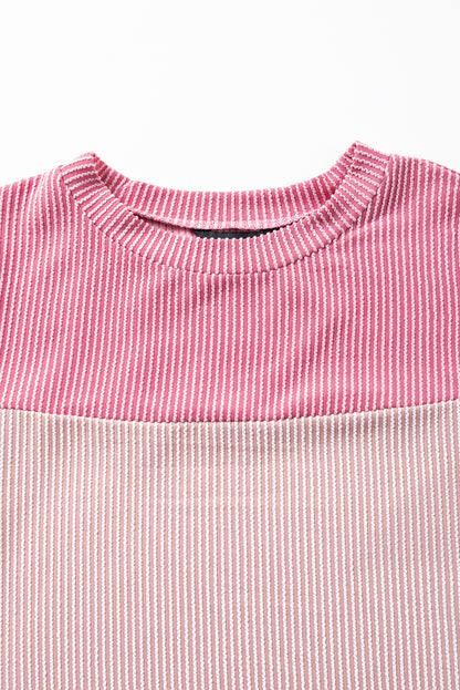 Pink Rib Textured Colorblock T Shirt