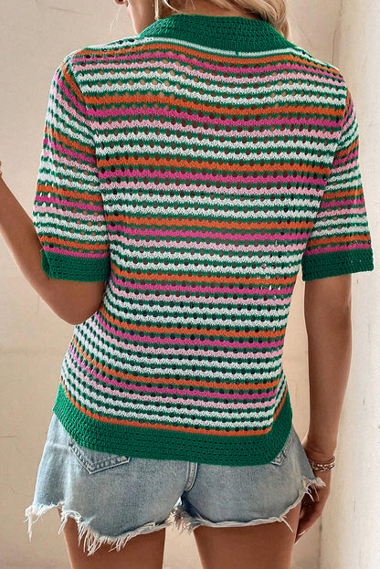 Camiseta de punto pointelle con ribete en contraste y estampado de rayas verde oscuro