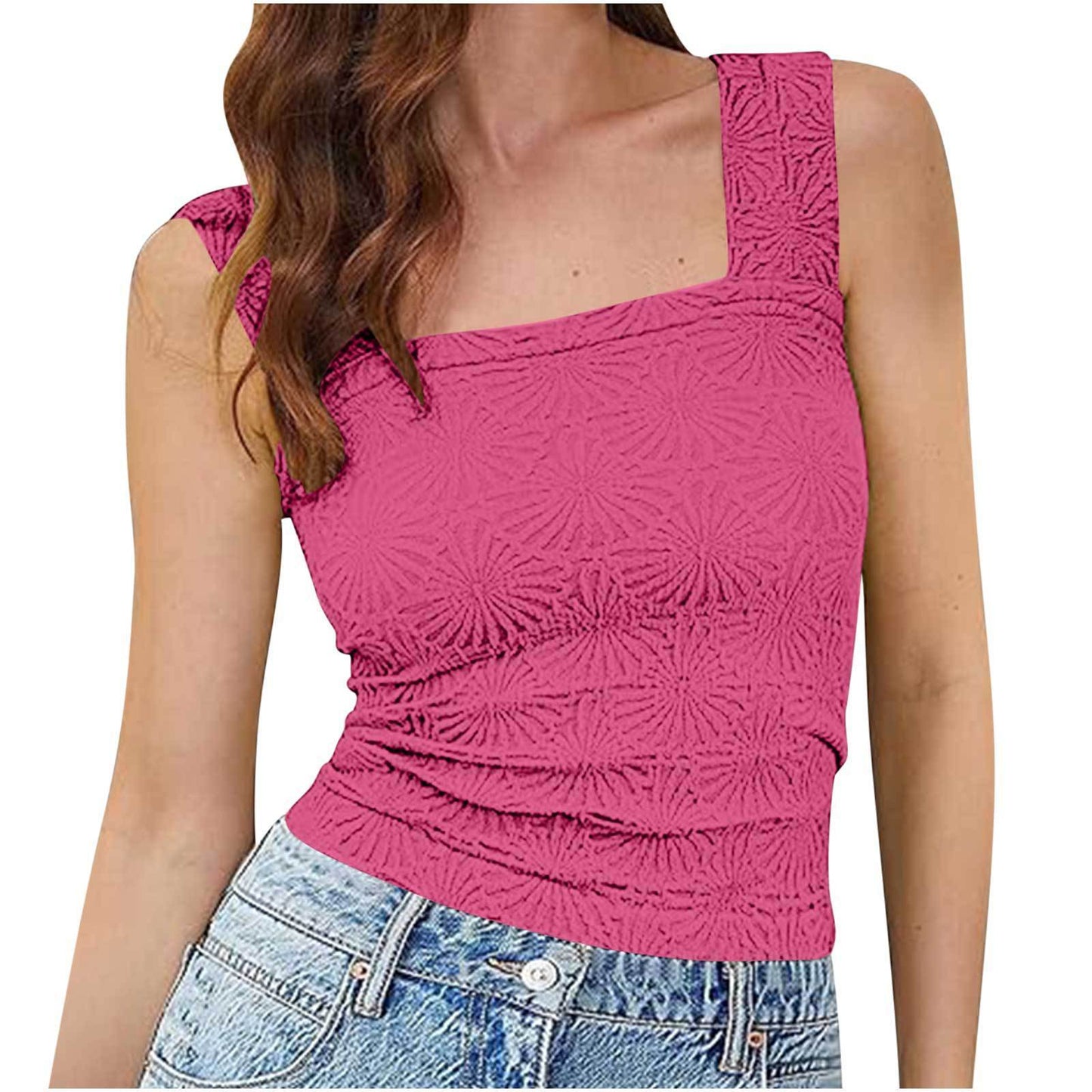 Women's High Elastic Tight Jacquard Square Collar Sleeveless Vest Top