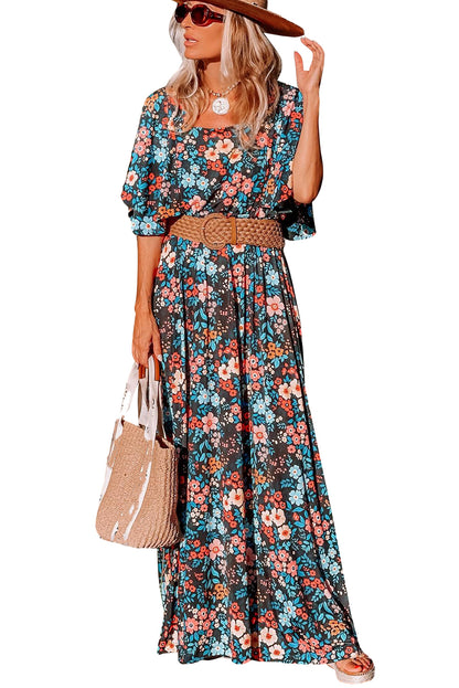 Robe longue dos nu nouée à imprimé floral bohème bleu ciel