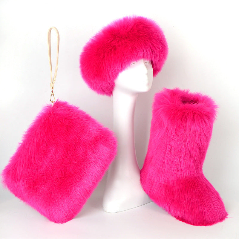 Fur Boots Velvet Padded Plus Size Imitation Fox Fur Fur Women's Snow Boots Three-piece Set