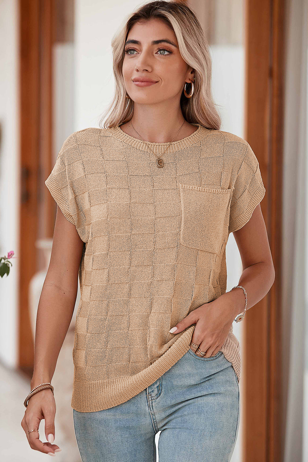 Blusa holgada con bolsillo en el pecho de punto con textura de celosía rosa brillante