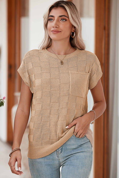 Blusa holgada con bolsillo en el pecho de punto con textura de celosía rosa brillante