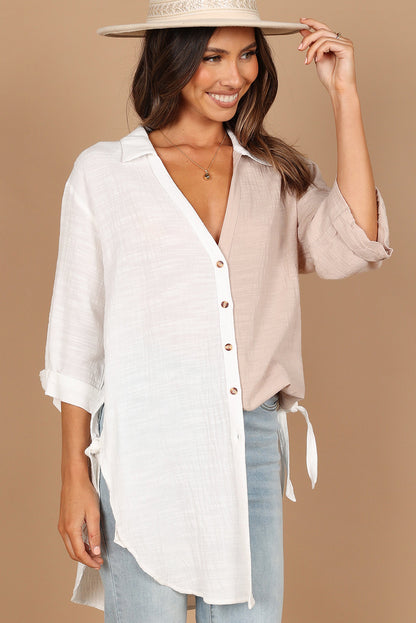 White V Neck Collared Curved Hem Contrast Colorblock Shirt