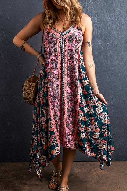 Pink Bohemian Floral Patchwork Print Maxi Sundress