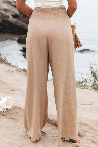 Khaki Smocked Wide Waistband High Waist Wide Leg Pants