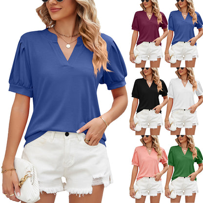 Women's V-neck Puff Sleeve Short Sleeve T-shirt Top Shirt