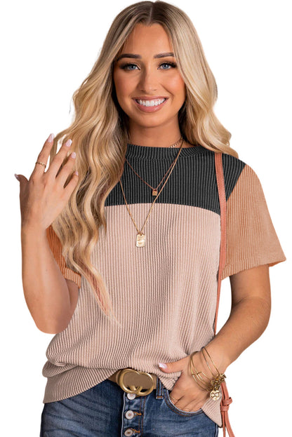 Pink Rib Textured Colorblock T Shirt